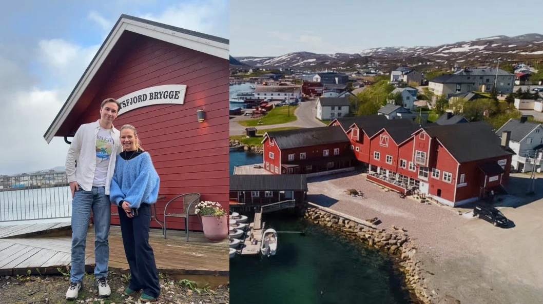 Tobias Eriksen fra Linken og Julia Nieminen foran Båtsfjord Brygge, og brygga sett fra lufta.